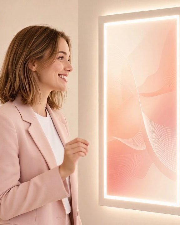 A woman in a blush blazer smiles at a softly glowing smart mirror in a bright fitting room.