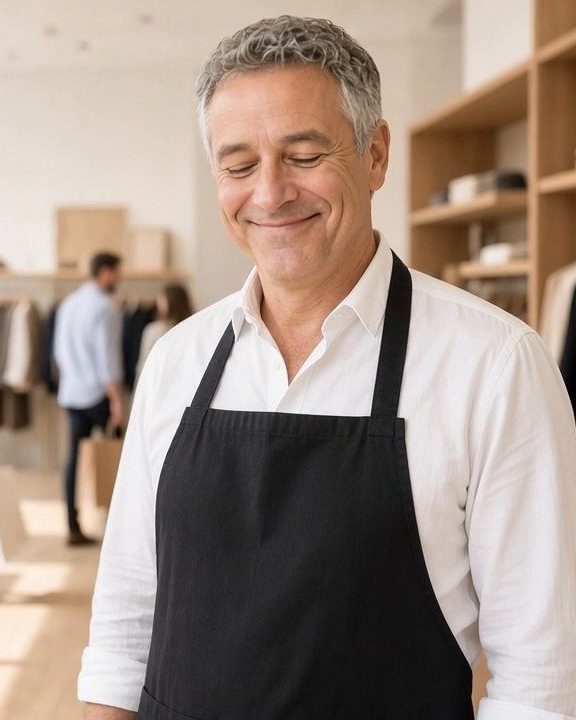 A smiling store manager in a black apron on a bright clothing-store floor.