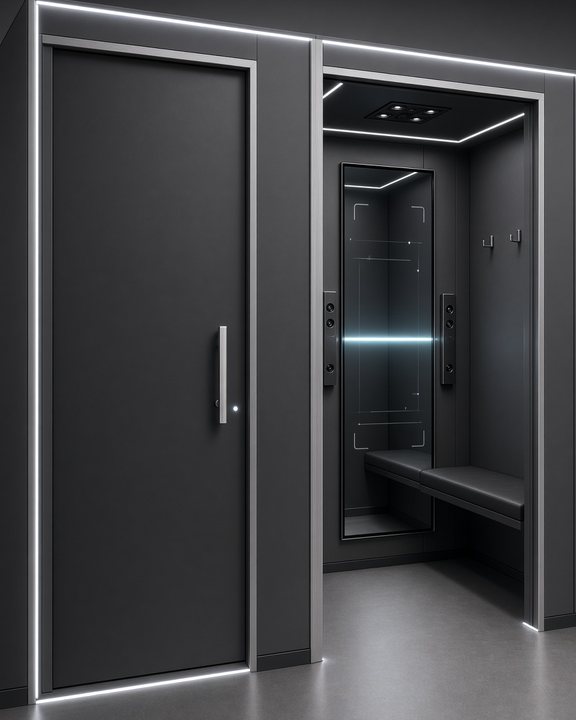 Two matte graphite Trialroom booths with lit edges; one door is open to show a mirror with a scan line, sensor columns beside it and a bench.